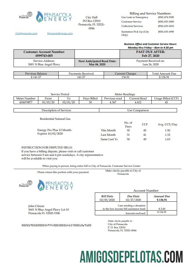 imprimível Modelo de conta de serviços públicos de energia dos EUA, Flórida Pensacola, em formato Word e PDF